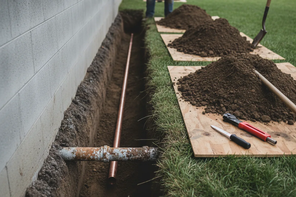 Excavated water line trench during Water Softener Installation in Emeigh